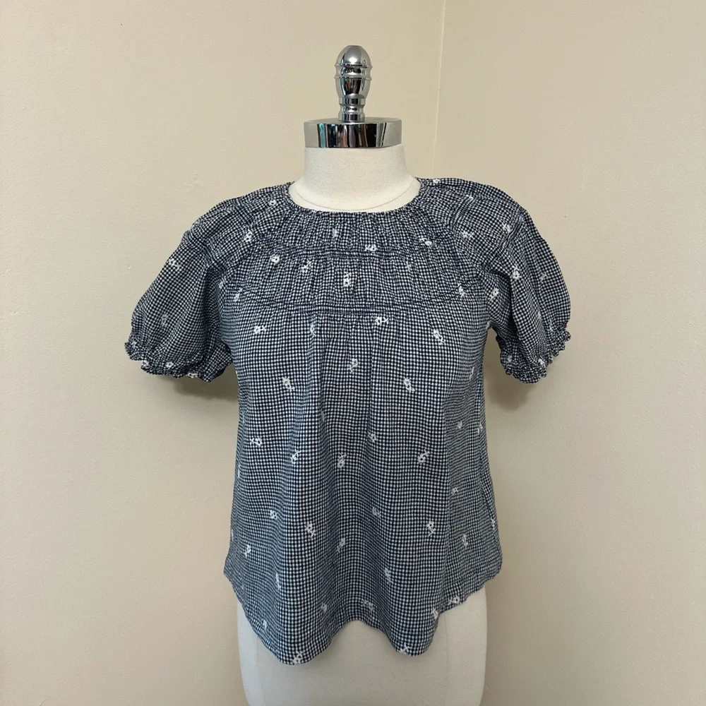 Madewell Navy Gingham Smocked Puff Sleeve Top